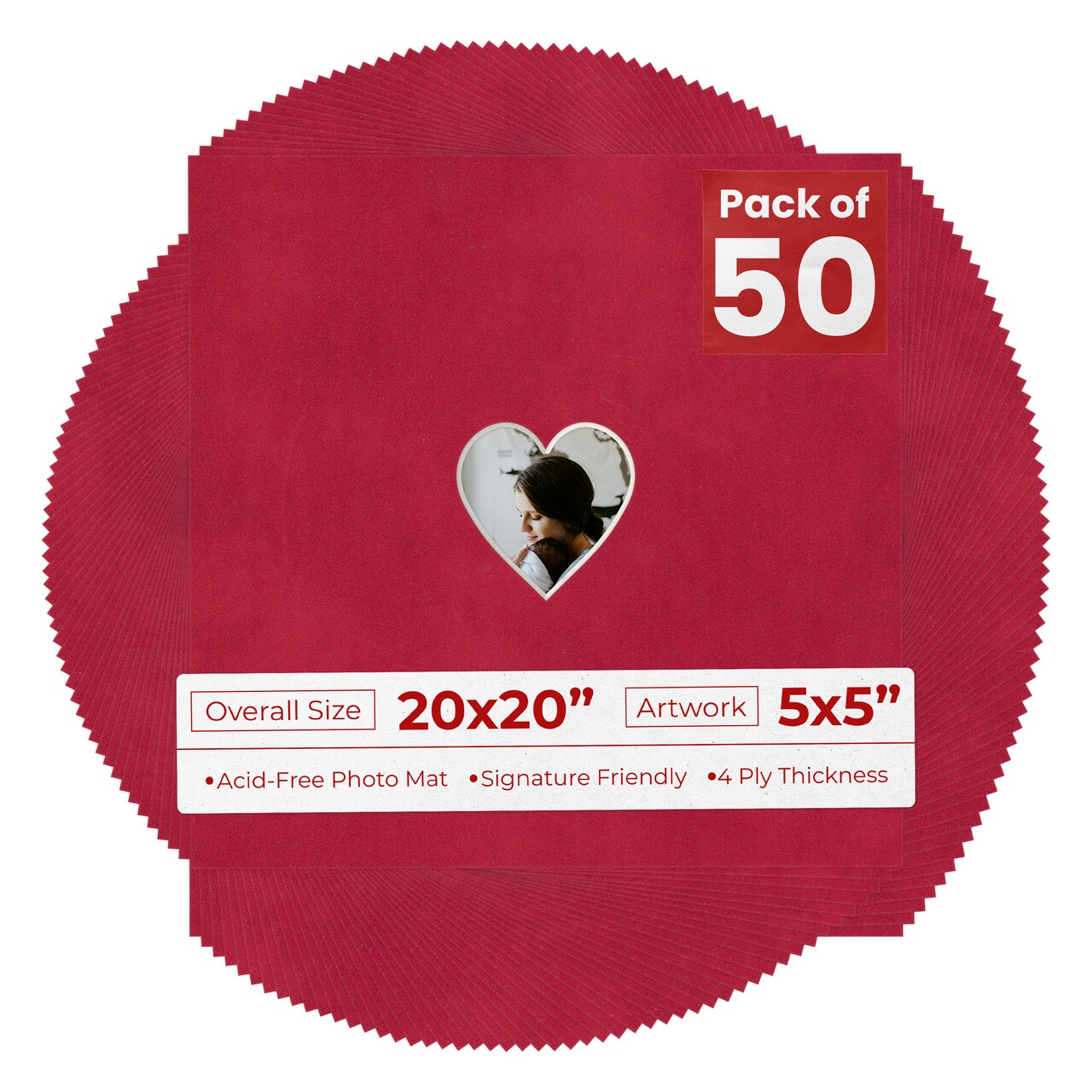 Red Suede Mat Board for 20x20 Frames - Heart Opening for 5x5 Photos